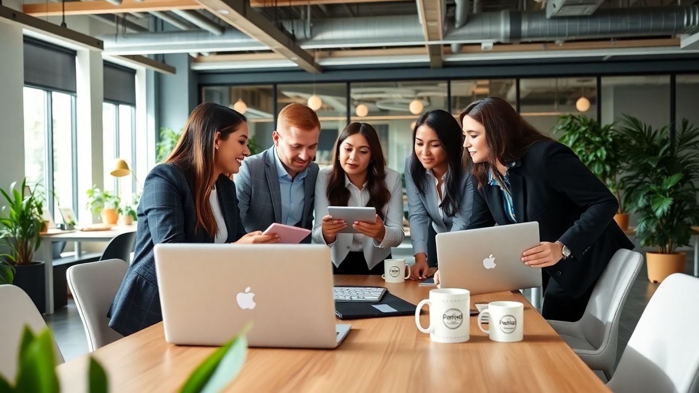 Diverse business team collaborating in a modern office