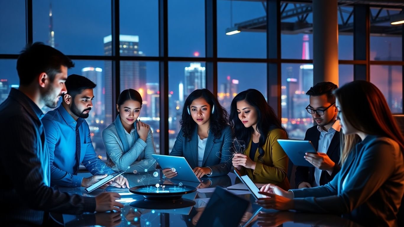 Modern team using technology in futuristic city office